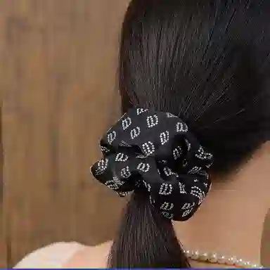 左欧 大肠韩国 高级感黑色高颜值水钻字母 布艺 发圈 发绳 女款