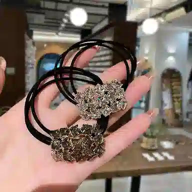 左欧 韩国气质高端扎丸子头轻奢方块 弹力绳/合金/水钻 头绳 女款 香槟色/银灰色/银白色