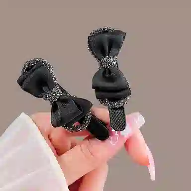 左欧 黑色蝴蝶结刘海前额高级感布艺鸭嘴夹 发夹 女款