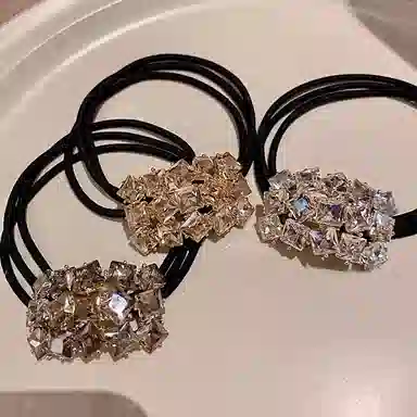 左欧 韩国气质高端扎丸子头轻奢方块 弹力绳/合金/水钻 头绳 女款 香槟色/银灰色/银白色