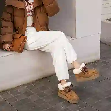 牛反绒 保暖增高防滑 休闲时尚简约系带舒适 短筒 雪地靴 女款 栗色