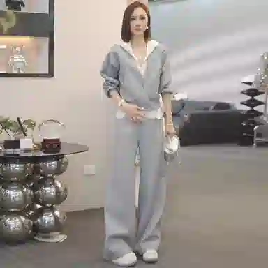 玉儿恋 气质慵懒风通勤宽松百搭连帽拼接纯色时尚显瘦蕾丝卫衣卫裤休闲套装 女款