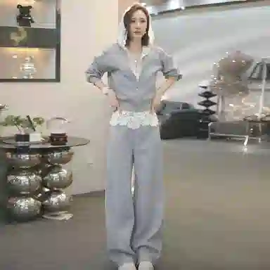 玉儿恋 气质慵懒风通勤宽松百搭连帽拼接纯色时尚显瘦蕾丝卫衣卫裤休闲套装 女款
