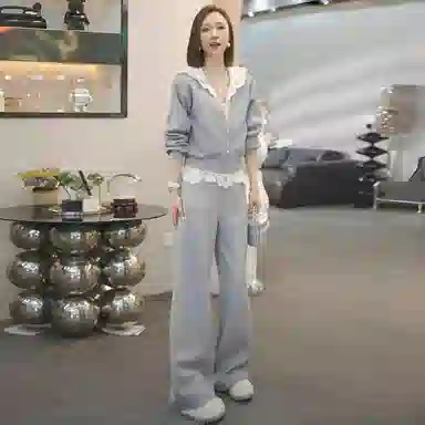 玉儿恋 气质慵懒风通勤宽松百搭连帽拼接纯色时尚显瘦蕾丝卫衣卫裤休闲套装 女款