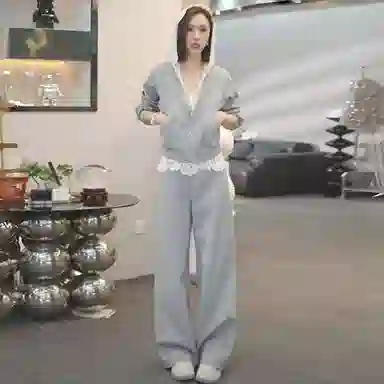 玉儿恋 气质慵懒风通勤宽松百搭连帽拼接纯色时尚显瘦蕾丝卫衣卫裤休闲套装 女款