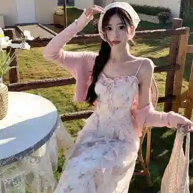 桴生 度假风温柔收腰碎花吊带长裙长袖防晒开衫裙装套装 女款