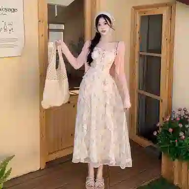 桴生 度假风温柔收腰碎花吊带长裙长袖防晒开衫裙装套装 女款