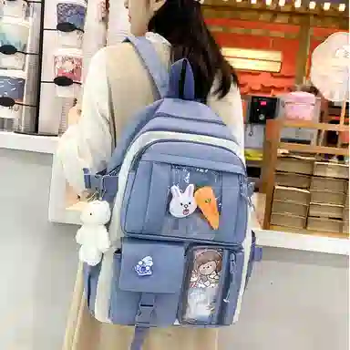 艾妮兔 五件套初中高中生小学生尼龙女大容量双肩包 女款 多色