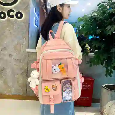 艾妮兔 五件套初中高中生小学生尼龙女大容量双肩包 女款 多色