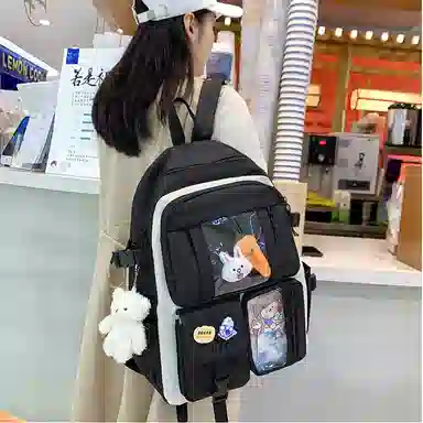 艾妮兔 五件套初中高中生小学生尼龙女大容量双肩包 女款 多色