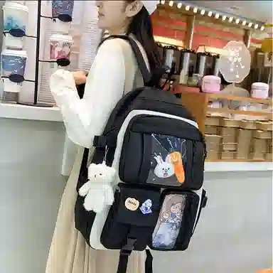 艾妮兔 五件套初中高中生小学生尼龙女大容量双肩包 女款 多色