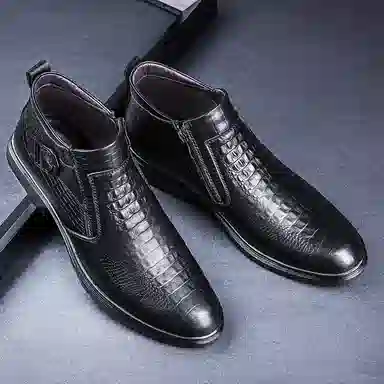 头层牛皮 经典商务时尚潮流加绒保暖鳄鱼纹皮面百搭显瘦增高 短靴 男款 黑色