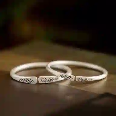 喜潮 古法山盟海誓情侣手镯磨砂素圈实心镯子年轻款文艺中国风开口手环