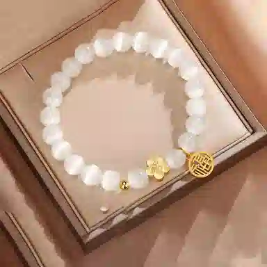 喜潮 桃花串珠福牌轻套高级感新中式国风饰品 猫眼石 玉石手串 女款