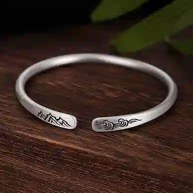 喜潮 古法山盟海誓情侣手镯磨砂素圈实心镯子年轻款文艺中国风开口手环