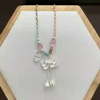 喜潮 爆款国风两世欢项链女足银招财好事莲莲花吊坠流苏编织绳挂链