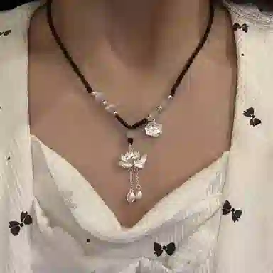 喜潮 爆款国风两世欢项链女足银招财好事莲莲花吊坠流苏编织绳挂链