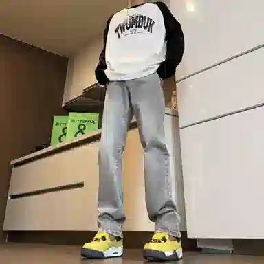 木林森 美式高街复古做旧水洗简约废土风中腰宽松直筒通勤百搭亲肤柔软舒适休闲耐磨垂感牛仔裤 男女同款