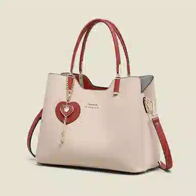 C°BANNER Elegant Colorblock Medium Leather Tote Apricot Brick Red