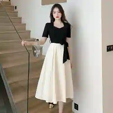 哒头下雨不愁 梨形身材茶歇法式气质名媛中长款短袖连衣裙 女款