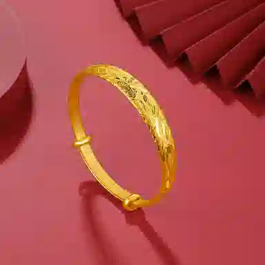 贝戈丽丝 国潮新中式 古典大气 牡丹花开精美雕刻细节闪耀 可推拉调节设计 轻奢大气优雅   日常 足金 一口价 黄金手镯 女款