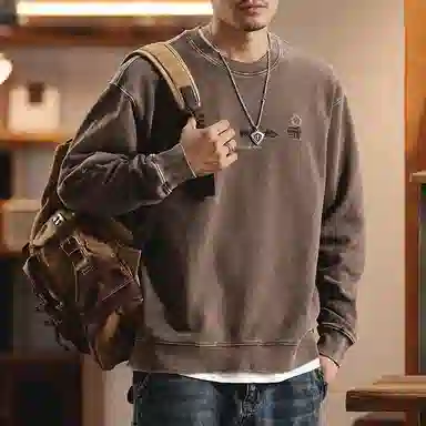 赞仕 美式复古潮牌圆领宽松水洗做旧纯棉卫衣 男女同款