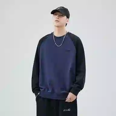 赞仕 重磅美式复古撞色拼接圆领百搭卫衣 男女同款 深蓝