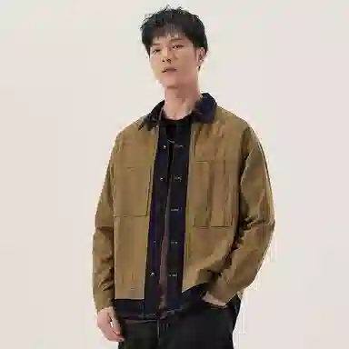 赞仕 不掉色撞色牛仔拼接水洗设计胸前口袋长袖衬衫 男款