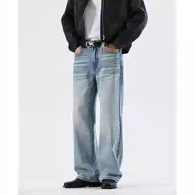 赞仕 夏季薄款直筒男士美式高街天空蓝水洗做旧宽松长裤牛仔裤 男款
