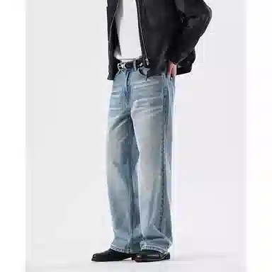 赞仕 夏季薄款直筒男士美式高街天空蓝水洗做旧宽松长裤牛仔裤 男款