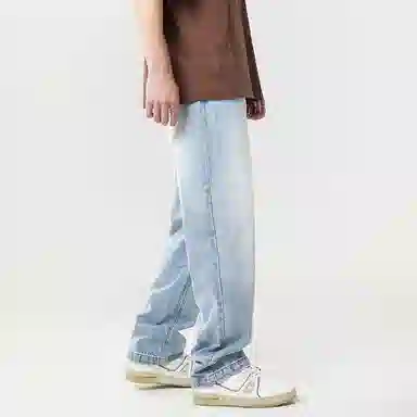 赞仕 纯色拉链宽松直筒牛仔裤 男女同款 浅蓝色