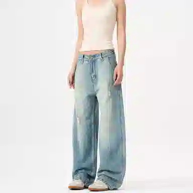 赞仕 闪电纹水洗做旧美式高街宽松阔腿牛仔裤 男款 蓝色