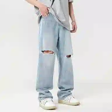 赞仕 宽松休闲直筒牛仔裤 男女同款 浅蓝色