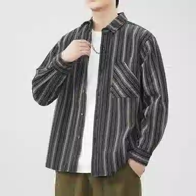 赞仕 日系复古竖纹工装宽松休闲长袖衬衫 男款 黑白条纹