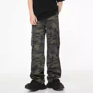 赞仕 美式复古迷彩工装拖地裤百搭高街宽松阔腿直筒加长版牛仔裤 男女同款 军绿色