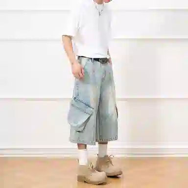 赞仕 美式复古侧边大口袋设计七分裤宽松休闲做旧牛仔短裤 男款