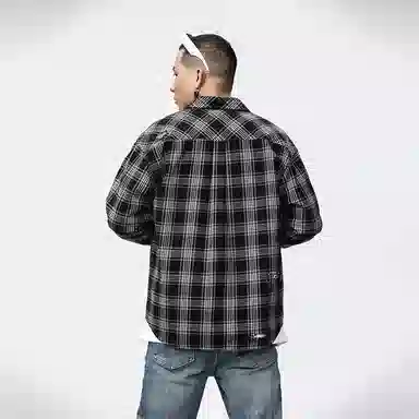 赞仕 美式格子日系休闲翻领撞色口袋上衣长袖衬衫 男女同款 黑色