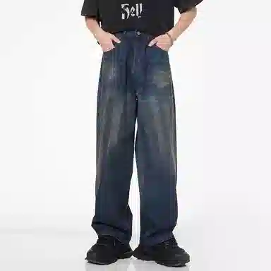 赞仕 美式高街复古水洗百搭宽松阔腿直筒拖地牛仔裤 男女同款 蓝色