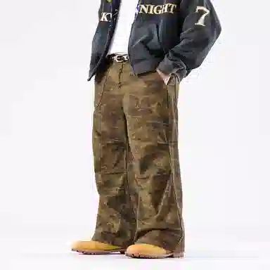 赞仕 美式高街微喇迷彩牛仔裤垂感宽松阔腿休闲长裤子工装裤 男女同款