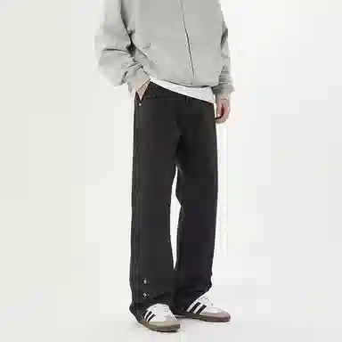 赞仕 美式高街潮牌直筒休闲下摆纽扣小众设计感牛仔裤 男女同款