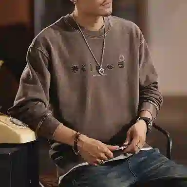 赞仕 美式复古潮牌圆领宽松水洗做旧纯棉卫衣 男女同款