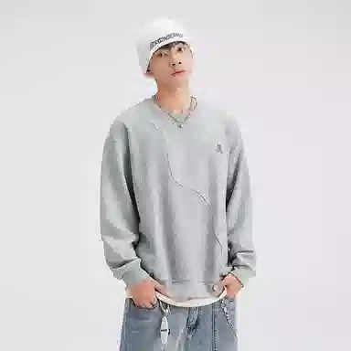 赞仕 重磅美式复古拼接圆领潮牌卫衣 男女同款 浅灰