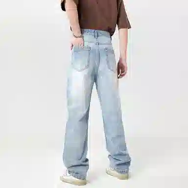 赞仕 纯色拉链宽松直筒牛仔裤 男女同款 浅蓝色