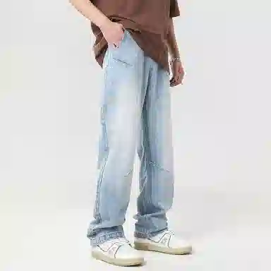 赞仕 纯色拉链宽松直筒牛仔裤 男女同款 浅蓝色