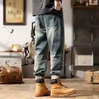 赞仕 美式复古水洗做旧宽松直筒牛仔裤 男女同款 蓝色