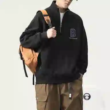 赞仕 重磅美式拉链立领套头植绒字母图案宽松潮流卫衣 男女同款