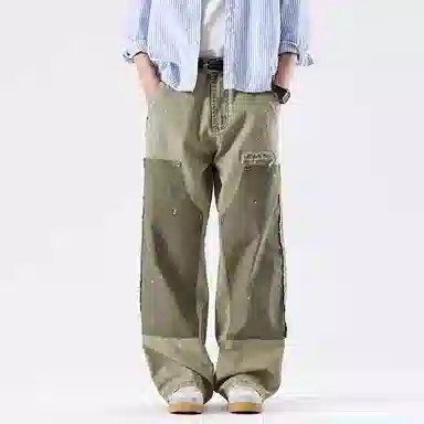 赞仕 美式高街设计感拼接铆钉男士宽松直筒牛仔裤 男款