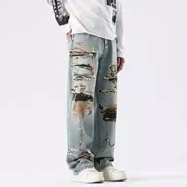 赞仕 美式街头嘻哈宽松直筒印花复古阔腿长裤牛仔裤 男女同款