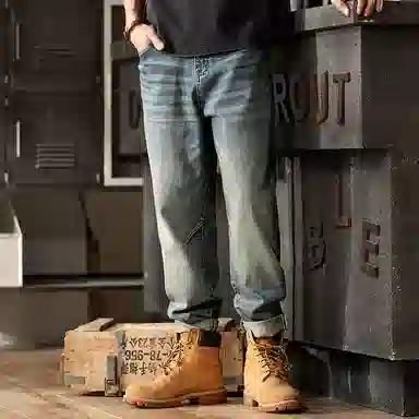赞仕 美式复古水洗做旧宽松直筒牛仔裤 男女同款 蓝色