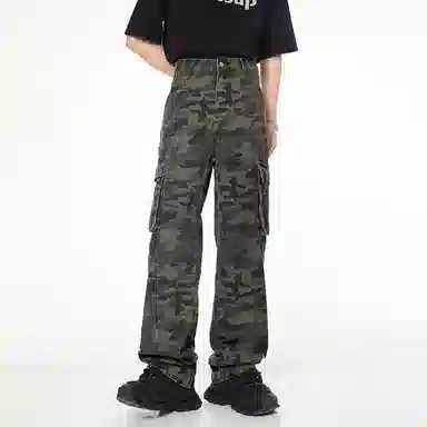 赞仕 美式复古迷彩工装拖地裤百搭高街宽松阔腿直筒加长版牛仔裤 男女同款 军绿色